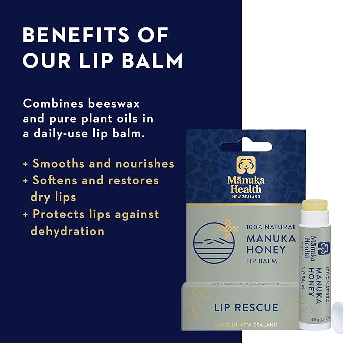 Manuka Health Lip Rescue - 0.16 oz Lip Balm for Dry Cracked Lips - 100% Natural Lip Balm with MGO 250+ Manuka Honey and Beeswax Provides Potent Lip Care