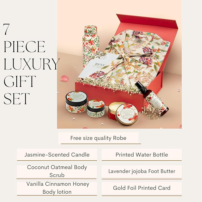 Spa Gift Set with Robe - 7 pc for New Mothers Postpartum Moms & Expecting- Luxurious Gift Set w Jasmine Candle Honey Lotion Coconut Oatmeal Body Scrub - All-Natural for Self-Care. Push present.