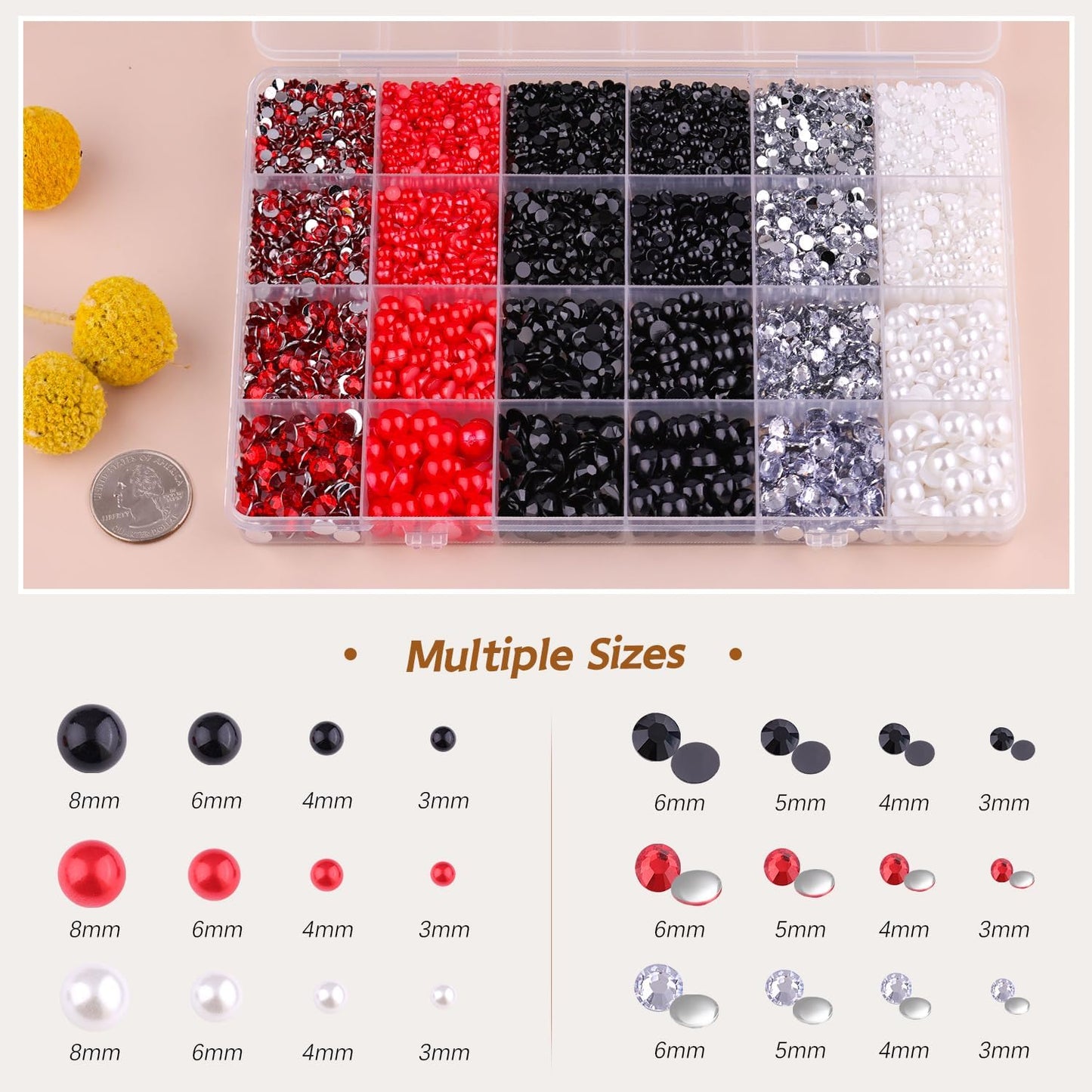 9000PCS Flatback Pearls and Rhinestones for Crafting, Red White Black 3-10mm Resin Rhinestones and Half Pearls for Bedazzling, Nail Art and Dec with 3pcs B7000 Jewelry Glue, Tweezer and Pickup Pencil