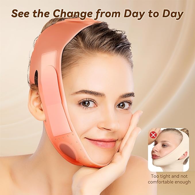 JUSRON V-Line Mask Chin Up Mask Face Strap, Soft Silicone Chin Strap V Shaped Face Mask, Jaw Exerciser 23-27 Inches (Fluorescent Pink)