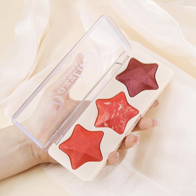 Boobeen 3 Colors Baked Shimmer Highlight & Blush Palette, Powder Palette Facial Bronzers Illuminator Makeup Palette, Lightweight Highlighter Blusher Contour for Cheeks, Lasting Natural Glowing