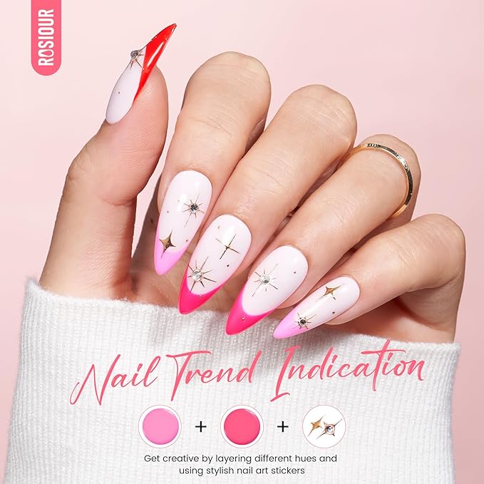 Gel Nail Polish Kit with U V Light, Hema-Free Bright Red Light Baby Pink Violet Pink Summer Gel Polish Set with Base & Top Coat Chrome Nail Powder, 4 Colors Mini Salon Nail Art Starter Gift for Women