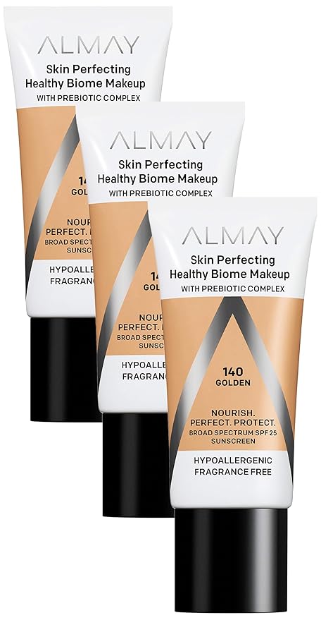 Almay Skin Perfecting Healthy Biome Foundation Makeup with Prebiotic Complex SPF 25, Hypoallergenic, Fragrance Free, 140 Golden, 1 fl. oz. (Pack of 3)