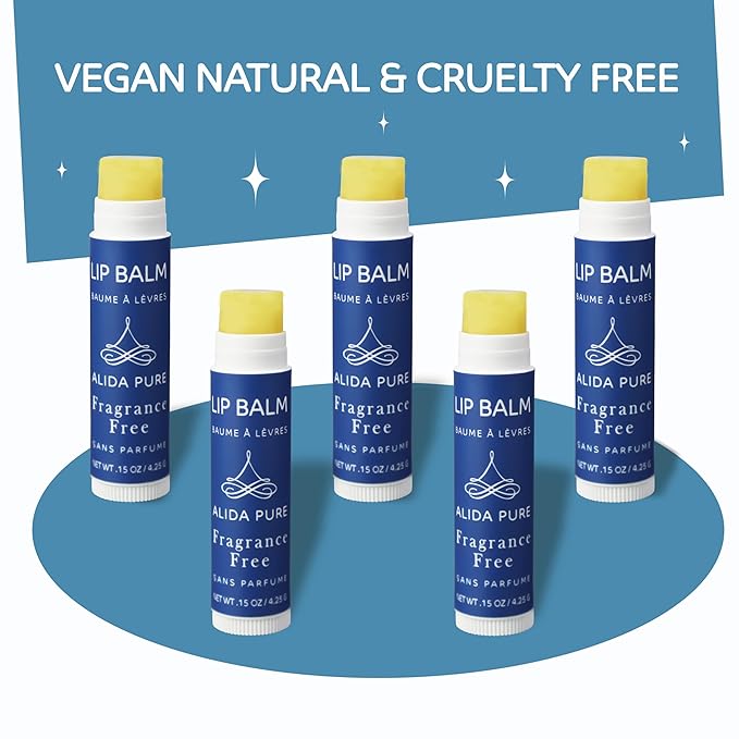 Fragrance Free Lip Balm, Vegan Lip Balm Set, Unscented, No Flavor, Beeswax Free, Organic Jojoba Oil, Avocado Oil, Vitamin E, Natural Moisturizer for Dry, Chapped, or Cracked Lips 5 Tube Set
