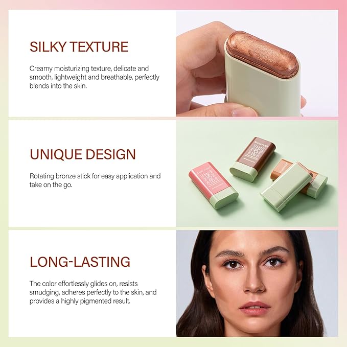 Cream Bronzer Stick,Contour Stick Facial Contouring Stick,Long Lasting Highlighter Waterproof Highlight Makeup,Buildable Shimmer Sparkle Face Bronzer Face Shaping,04 Beach Glow