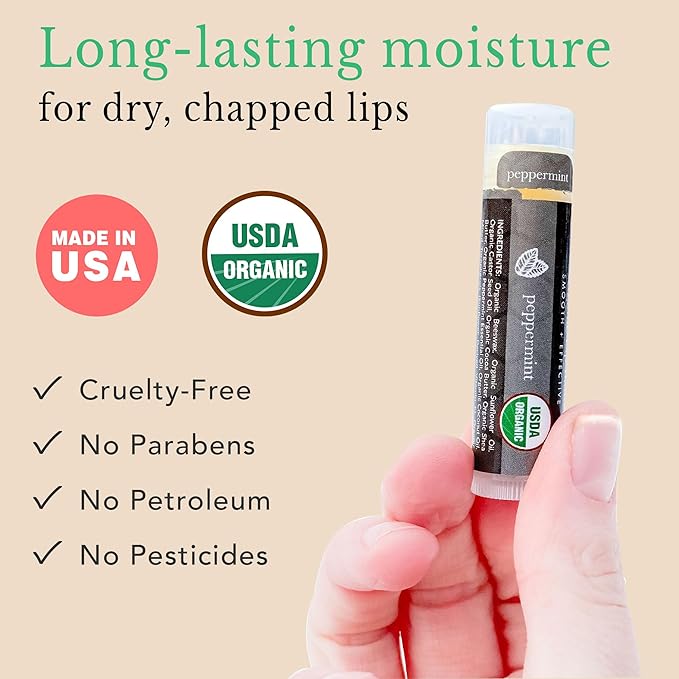 Organic Lip Balm Peppermint - 4 Pack Organic Gifts for Women, All Natural Lip Balm Birthday Gifts for Her & Him, Lip Balm Hydrating Beauty Gifts for Adults, Women, Men, Teens & Kids, Lip Moisturizer