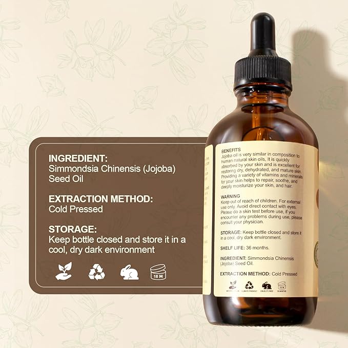 Yoken Jojoba Oil 4 fl oz EWG Verified 100% Pure Jojoba Oil Cold Pressed for Skin, Hair, Nails, Cuticles - Unrefined & Hexane Free, Natural Moisturizer Carrier oils Facial Serum for Gua Sha
