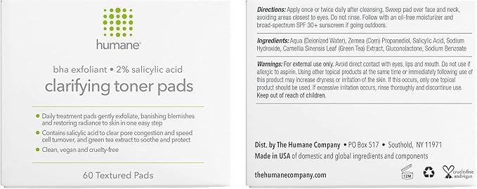 Humane Clarifying Toner Pads for Face - 2% BHA Liquid Salicylic Acid - Pore Minimizer and Facial Exfoliator - Gentle for All Skin Types - Removes Excess Oil, Dead Skin Cells, and Grime - 4 Ounce
