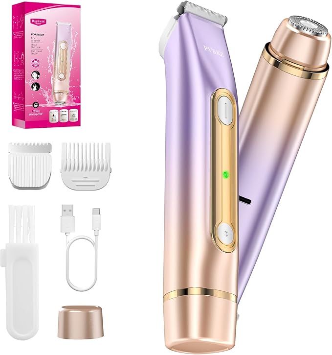 2 in 1 Bikini Trimmer for Women, Dual Head Electric Razor, IPX7 Waterproof Wet/Dry Use Women Electric Shaver, Painless Body Facial Hair Remover for Bikini Legs Arm Underarm, (Lavender)
