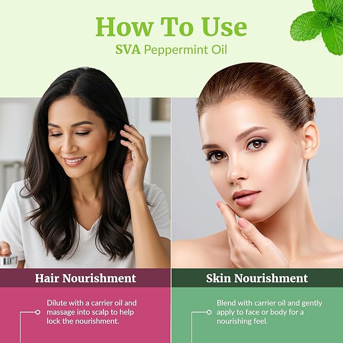 SVA Peppermint Essential Oil – 4 Fl Oz – 100% Natural Peppermint Oil - for Diffuser, Hair Care, Face, Skin Care, Aromatherapy, Scalp and Body Massage, Soap and Candle Making - with Dropper