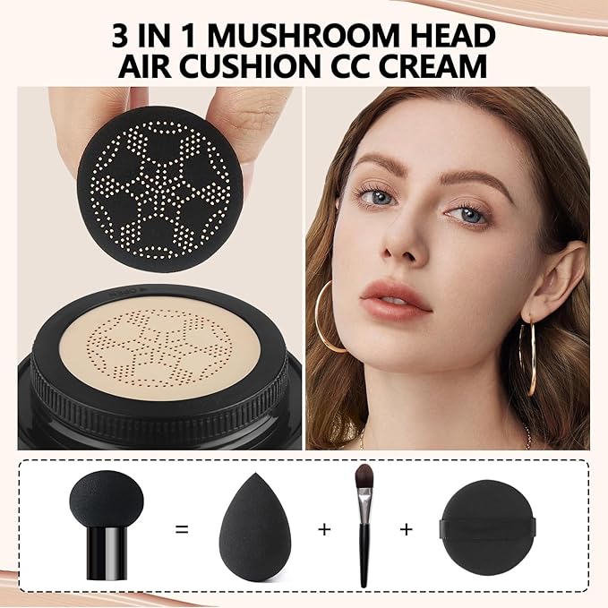 Mushroom Head Air Cushion CC Cream Strong Concealer 2PC,Face Makeup Cushion Foundation Long Lasting,Moisturizing BB Cream Makeup Base Primer Even Skin Tone for All Skin Types (2PC 03, 200g)