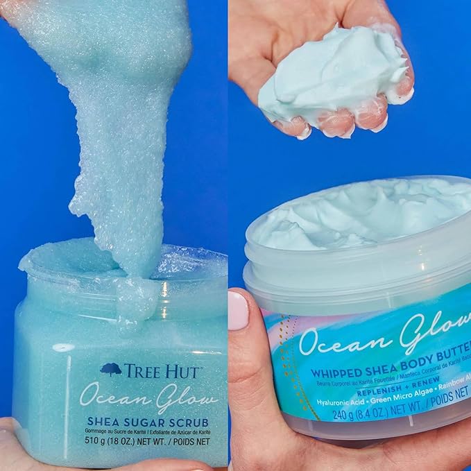 Ocean Glow Shea Sugar Scrub And Whipped Shea Body Butter Bundled With Beauty Patooty Self-Care Kit - Makeup Bag, Lip Balm, And Sleep Mask