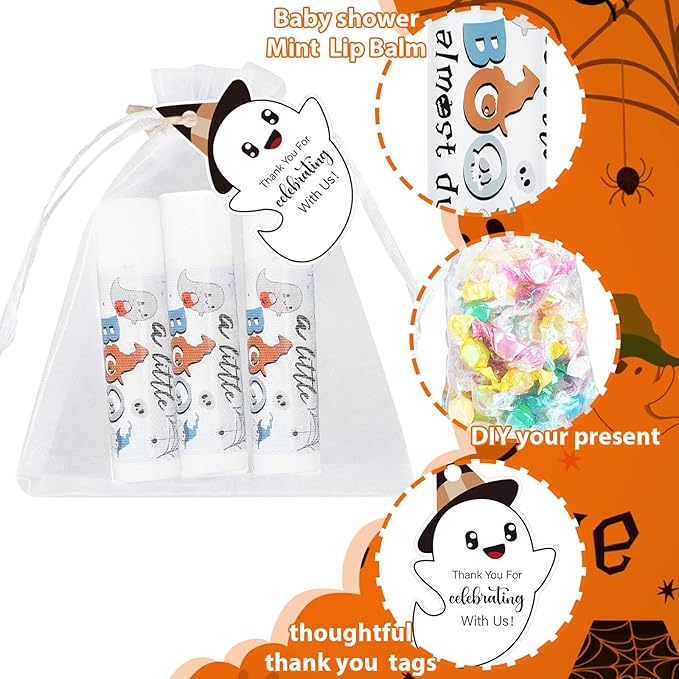 Demissle 50 Pcs Baby Shower Lip Balm Gift Set with 100 Pcs Organza Bags Baby Shower Party Favor for Guest Thank You Tag Rope Baby Shower Party Decoration Gender Reveal Souvenirs (Ghost)
