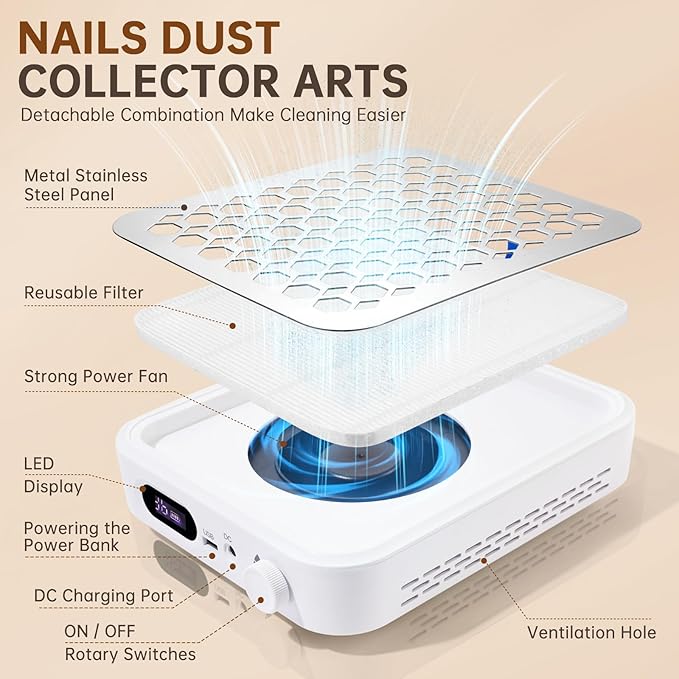 Nail Dust Collector, Rechargeable Dust Collector Nail Tech, Powerful Vacuum Fan Vent Dust Collector Extractor Dust Suction Machine for Acrylic Nails Polishing, Nail Salon&Home