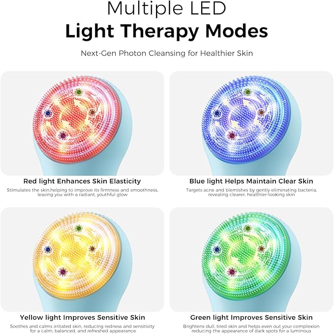 Facial Cleansing Brush: Rechargeable LED Electric Face Cleansing Brush with 4 Gentle Light Liquid Silicone Modes Face Scrubber Exfoliator,IPX7 Waterproof Ideal Gift for Men and Women-Blue