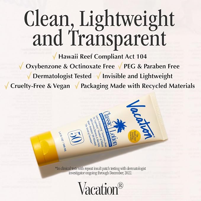 Vacation Classic Sunscreen Lotion SPF 50 & Air Freshener Bundle, Water-Resistant, Lightweight, Transparent on All Skin Tones, Dermatologist-Tested, Vegan, Travel Size, 3.4 Fl. Oz.