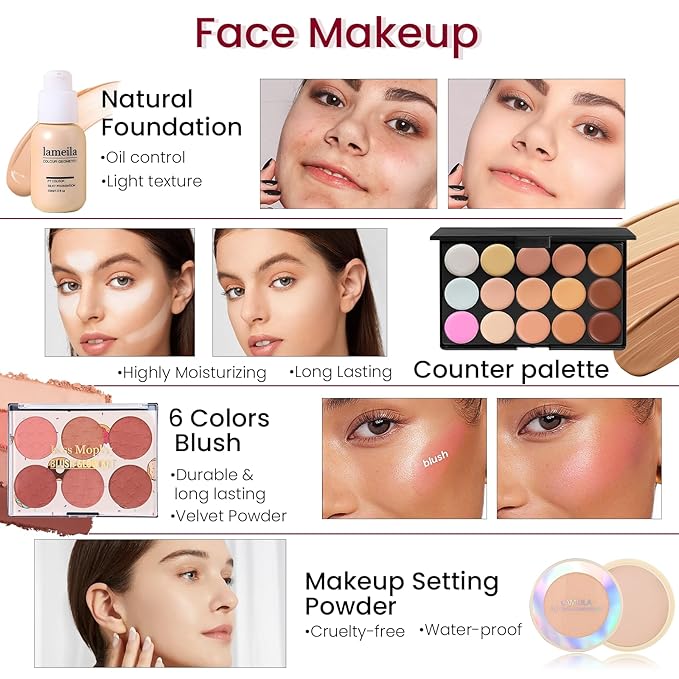 Makeup Kit for Women Full Kit, Travel Makeup Kit, Makeup Gift Set for Teens Girls Beginners Professionals, Makeup Bundle Include 2 Matte & Glitter Eyeshadow Palettes, Lip Gloss Set