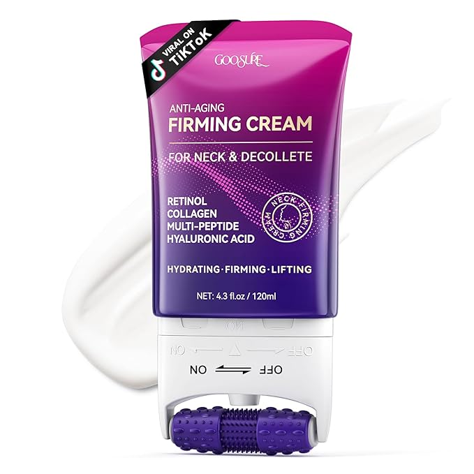 Firming Neck & Décolleté Cream with Retinol, AH-8 Hexapeptide, Collagen & Squalane – Instant Face Lift Cream for Wrinkles, Tightening & Crepey Skin – Neck Firming cream with Massage Roller – 4.3 fl oz