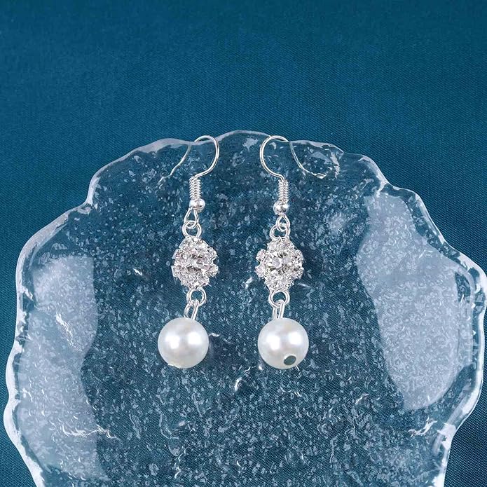 Vintage Rhinestone Pearl Drop Earrings Crystal Flower Dangle Earrings Silver Pearl Earring Cz Flower Hook Earrings Jewelry for Women