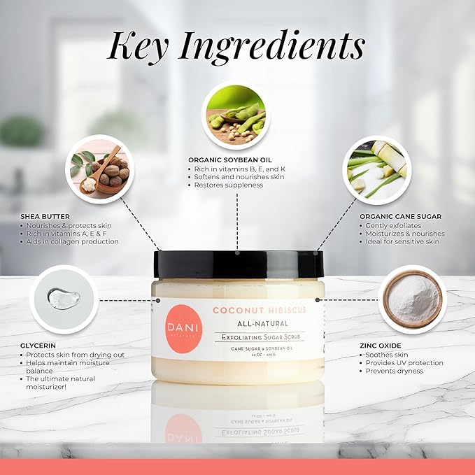 Naturals Exfoliating Sugar Scrub - Coconut Hibiscus, made with organic cane sugar and shea butter, gently exfoliates and deeply hydrates for smooth, radiant skin – 14 oz
