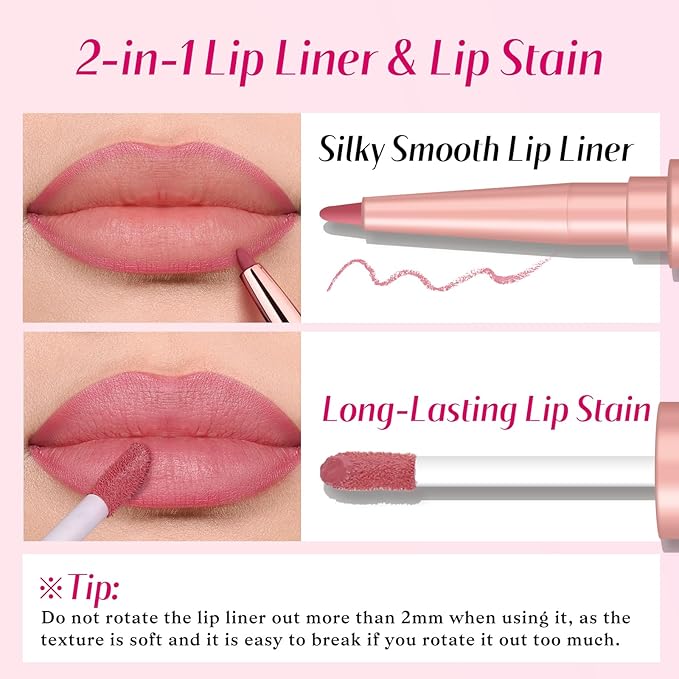 2 PCS Lip Liner and Lip Stain Combo Set, High Pigmented Long Lasting Velvet Lip Tint, Well-Defined Lipliner, Weightless Waterproof Not Animal Tested, Matte Finish Makeup