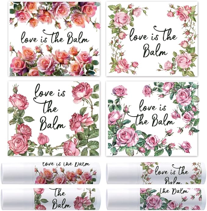 OLYCRAFT 100Pcs 4 Styles Pink Rose Lipstick Tag Stickers Vintage Lip Balm Label Sticker 2.1x1.7 inch/54x44mm Self Adhesive Border Lipstick Labels for Lip Balm Container Tubes Wrapping Decorations