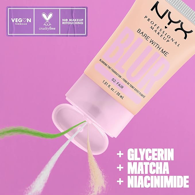 NYX PROFESSIONAL MAKEUP Bare With Me Blur Skin Tint Foundation Make Up with Matcha, Glycerin & Niacinamide - Pale