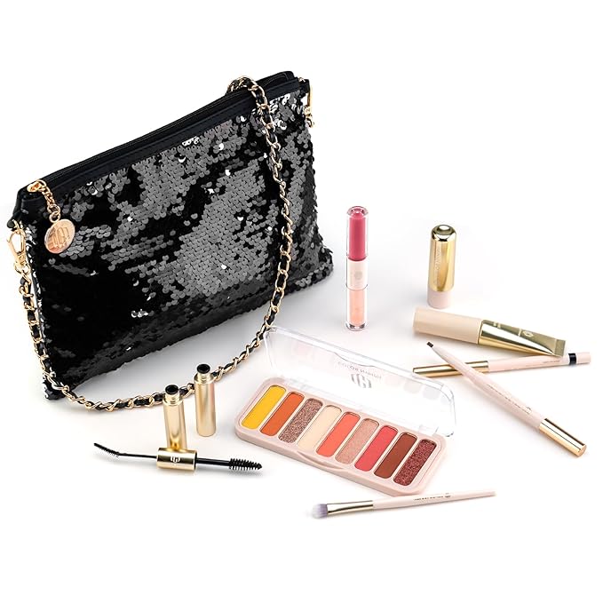 Color Nymph Teen Girls Makeup Kits, Makeup Kit For Girls All In One Makeup Sets For Women With Sequin Bag Packed Individually 9 Colors Eyeshadow Palette Lip Gloss Eyeliner Mascara -Orange Pink