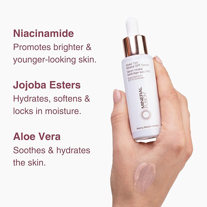 Mineral Fusion Face Serum, Sheer Tint Mineral SPF Serum, 1 Fl Oz, Light, Tinted Broad Spectrum SPF 50 Mineral Sunscreen, Sheer Coverage, Lightweight & Dewy Finish for Glowing, Protected Skin