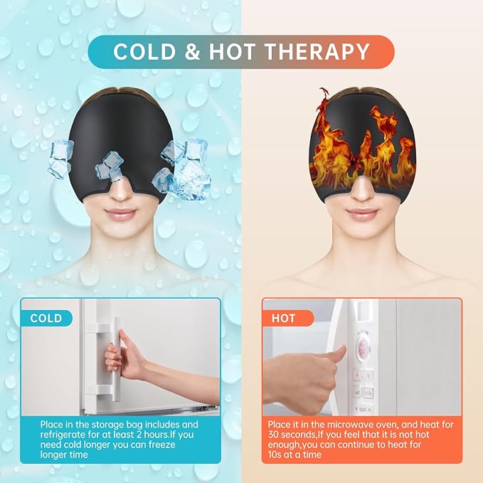 Migraine Relief Cap, Headache Relief Cap Hat, Head Ice Pack Wrap Migraine Cold Cap Ice Hat for Migraines Headache, Tension, Stress, Hangover Cap Ice Beanie, Cooling Gel Cap