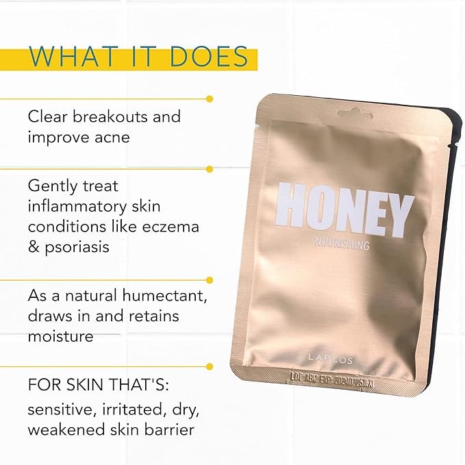 LAPCOS Honey Sheet Mask, Daily Face Mask with Hyaluronic Acid and Antioxidants to Hydrate and Tighten Dry Skin, Korean Beauty Favorite, 5-Pack