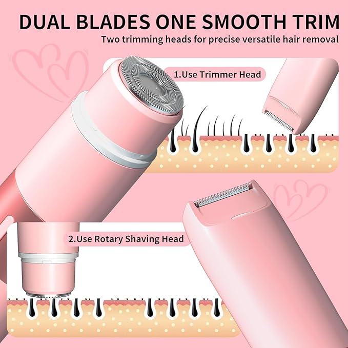 Bikini Trimmer for Women - 2 in 1 Painless Electric Razors for Women, IPX7 Waterproof Rechargeable LED Dual Head Electric Shaver for Lady Bikini Underarm, Body, Leg, Face Hair Remove - Pink