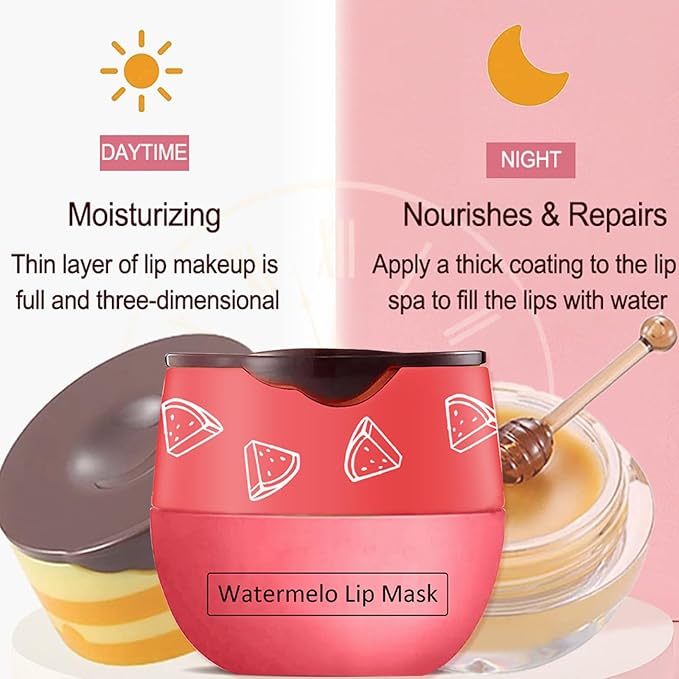 2 PCS Bee Lip Balm Honey Pot,Watermelon&Strawberry Lip Sleeping Mask Hydrating Prevention Dry and Cracked Lip Scrubs Exfoliator Lip Care,Lip Mask Overnight Reduces Lip Lines