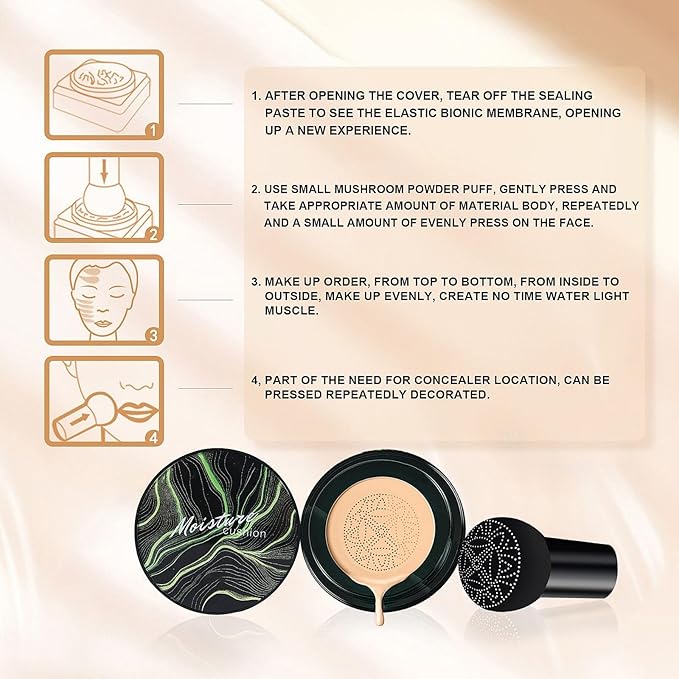 OETUIOW Mushroom Head Air Cushion CC Cream - BB Cream Face Makeup Foundation for Mature Skin Moisturizing Concealer Brighten Long-Lasting, Even Skin Tone for All Skin Types, Natural Color