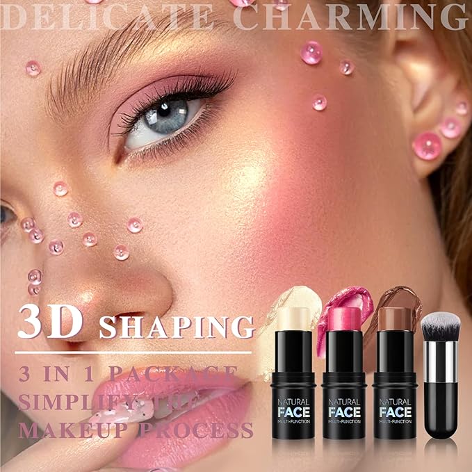 3Pcs Contour Highlighter Cream Blush Stick for Cheeks Eyes Lips Lightweight Dewy Finish Blush Stick Waterproof Long Lasting Contour Stick Trio Wand Face Makeup Set for Girls and Women (1+3+4)