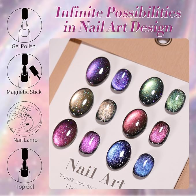 Born Pretty 9D Magnetic Gel Nail Polish Reflective Glitter Gel Polish Holographic Colorful Cat Magnetic Gel Polish Set 7ML 6PCS