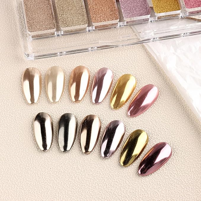 6 Colors Solid Chrome Nail Glitter Powder Set Metallic Mirror Chrome Powder for Nails, Gold Rose Gold Champagne Mutil Colors Palette Nail Pigment Powder Manicure Nail Art Decorations