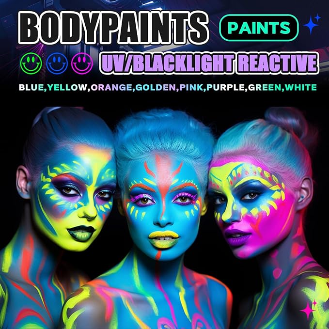 Go Ho Neon Green Body Paint Washable(2.37oz,70ml),under UV Blacklight Neon Face Paint,Water Based Neon Fluorescent Green Face Paint for Adults Children SFX Cosplay Costumes Festivals Halloween Makeup