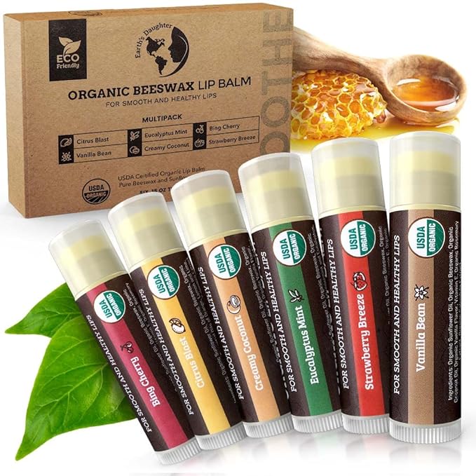 USDA Organic Lip Balm 6-Pack by Earth's Daughter - Fruit Flavors, Beeswax, Coconut Oil, Vitamin E - Best Lip Repair Chapstick for Dry Cracked Lips - Moisturizing Lip Care