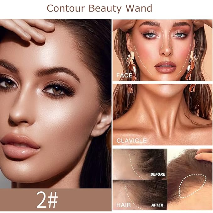 Liquid Contour Beauty Wand, Cream Highlighter Makeup Stick,Smooth Liquid Bronzer Stick with Cushion Applicator, Lightweight Blendable Body Face Shimmer Highlighter Contour Stick, Cruelty-free(02+05)