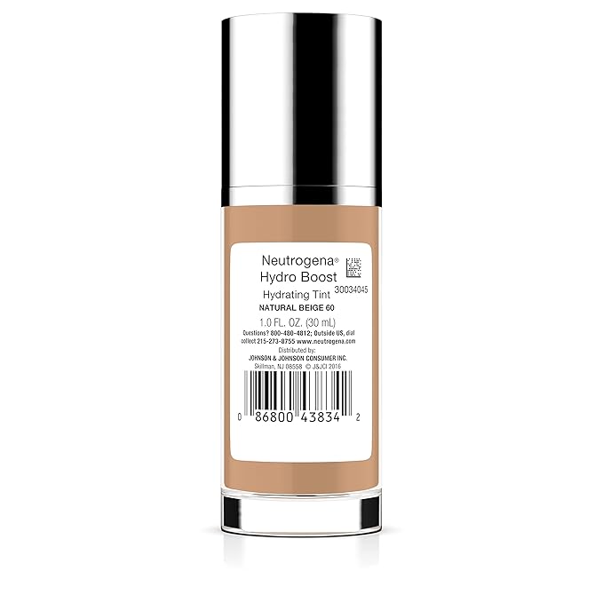 Neutrogena Hydro Boost Hydrating Tint Foundation Makeup for Dry Skin, with Hyaluronic Acid, Lightweight Oil-Free Water Gel, Non-Comedogenic, 60 Natural Beige 1.0 fl. oz
