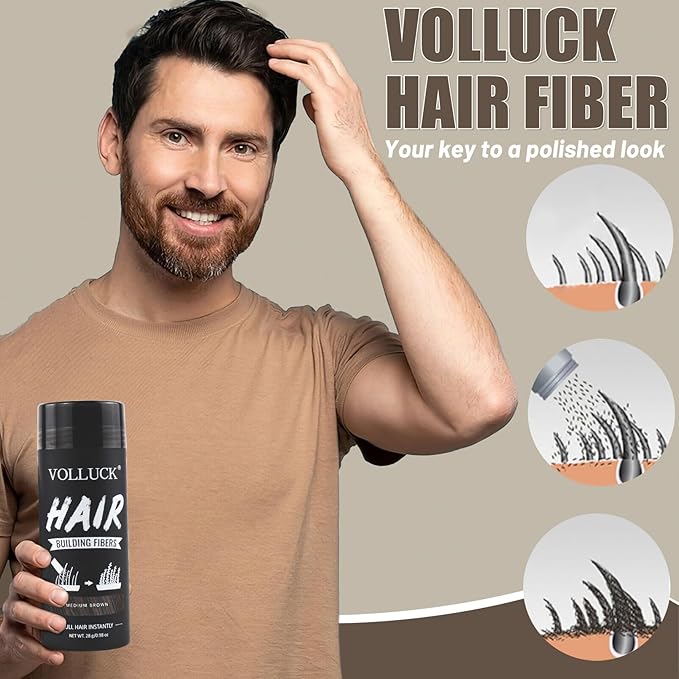 VOLLUCK Hair Fibers for Thinning Hair, Instant Coverage Hair Building Fibers for Women and men, Natural Hair Powder for Conceal Hair Loss 28 g (Medium Brown)