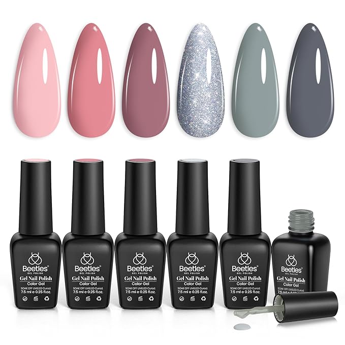 Beetles Gel Nail Polish Set 6 Colors Pink Nude Gray Glitter Gel Polish Wedding Nail Polish Bridesmaid Nail Art Design Soak Off Uv LED Lamp Needed Manicure Set Gifts for Women Bridesmaid Beauty