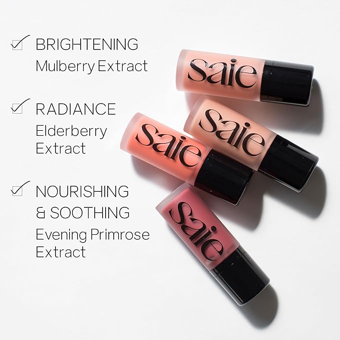 Saie Dew Blush - Lightweight Liquid Blush with a Blendable + Buildable Cream Finish - Dewy Cheek Tint with Doe Foot Wand Makeup Applicator - Warm Dusty Rose - Cutie (.40 oz)