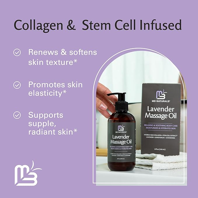 Lavender Sensual Massage Oil with Collagen and Stem Cells, Skin Tightening Therapy for Bum, Thighs, and Belly, Fast-Absorbing Cellulite Oil by M3 Naturals