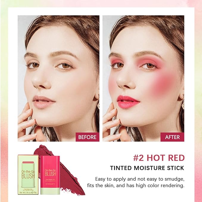 Multi-Purpose Makeup Blush Stick, 3-in-1 Beauty Tinted Solid Blush Stick For Cheeks, Lips And Eyes Waterproof Natural Cream Blush Stick With Long-Lasting Moisturizing Formula (#2Hot Red)