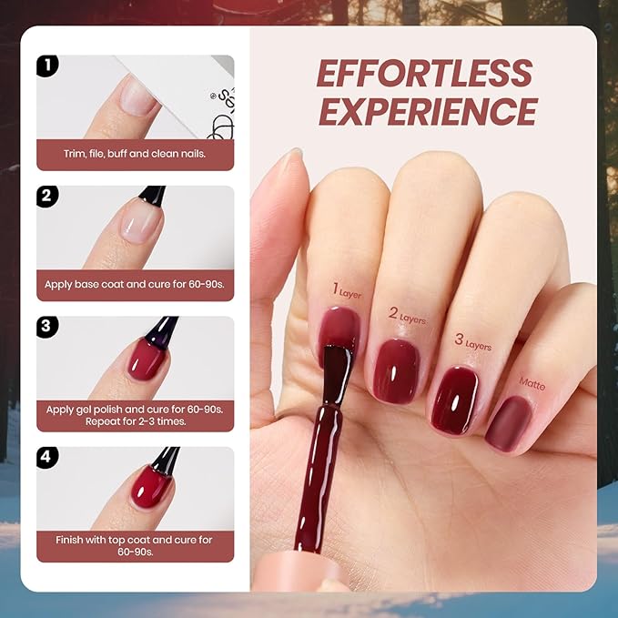 Beetles Jelly Gel Nail Polish Set - 6 Colors Mocha Brown Burgundy Red Purple Green Blue Fall Gel Polish Kit Sheer Translucent Effect Soak Off UV Midnight Syrup Nail Art Manicure Gift for Women