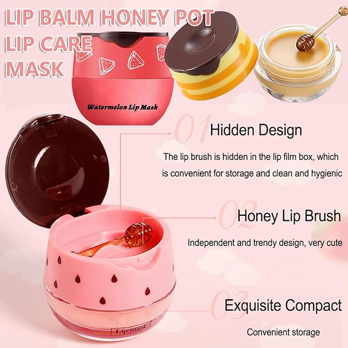 1PCS Bee Lip Balm Honey Lip Balm,Exfoliating Honey Pot Lip Balm Sleeping Lip Mask with Brush, Hydrating & Prevention Dry and Cracked, Lip Scrubs Exfoliator & Moisturizer