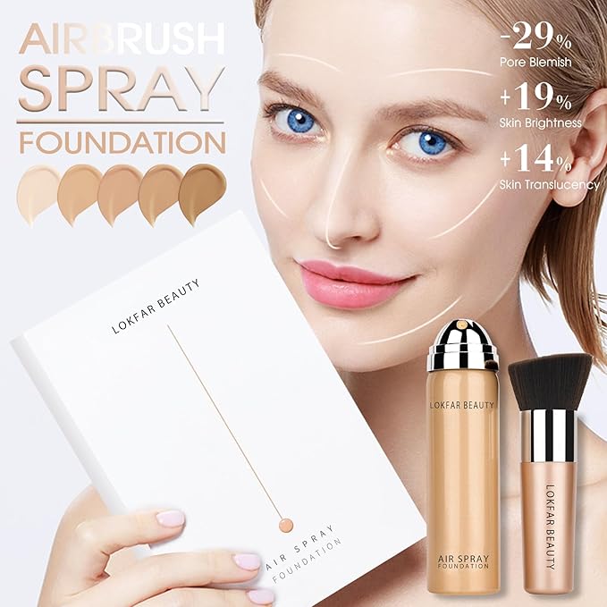 AirBrush Foundation Spray, Silky Mist Foundation Spray Makeup Set with Brush, Full Coverage Foundation for Smooth Radiant Finish, Formula Breathable Lightweight Hydrating | #04 Buff Beige