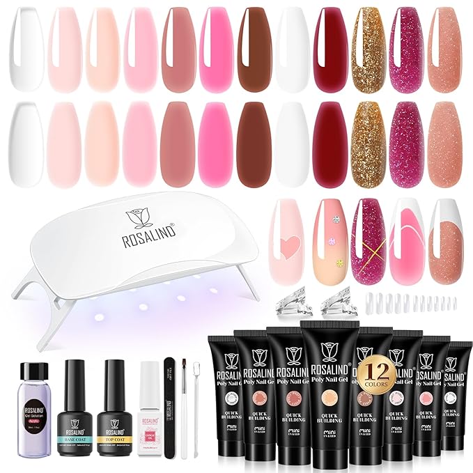 ROSALIND 12PCS Pink Brown Poly Nail Gel Kit with Mini Nail Lamp White Glitter Pink Poly Extension Gel Set
